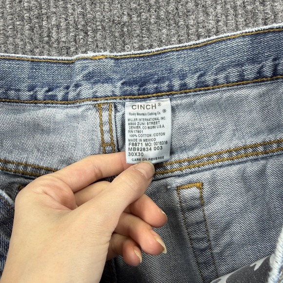 Cinch Jeans Mens 30x28 Light Wash Blue Straight Leg Denim Distressed Western - Picture 7 of 9